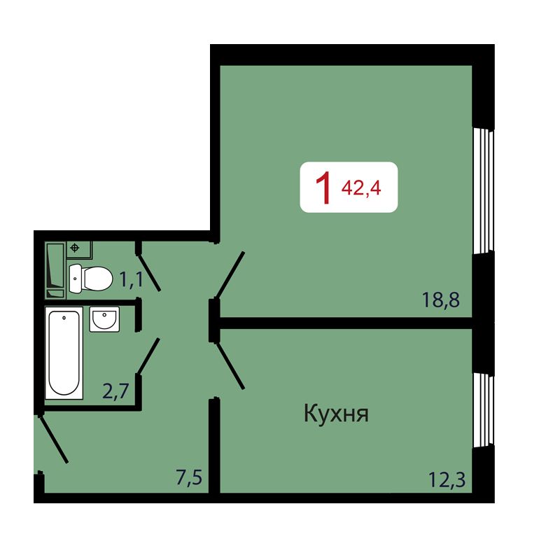 1-комнатная, 42,4 м²