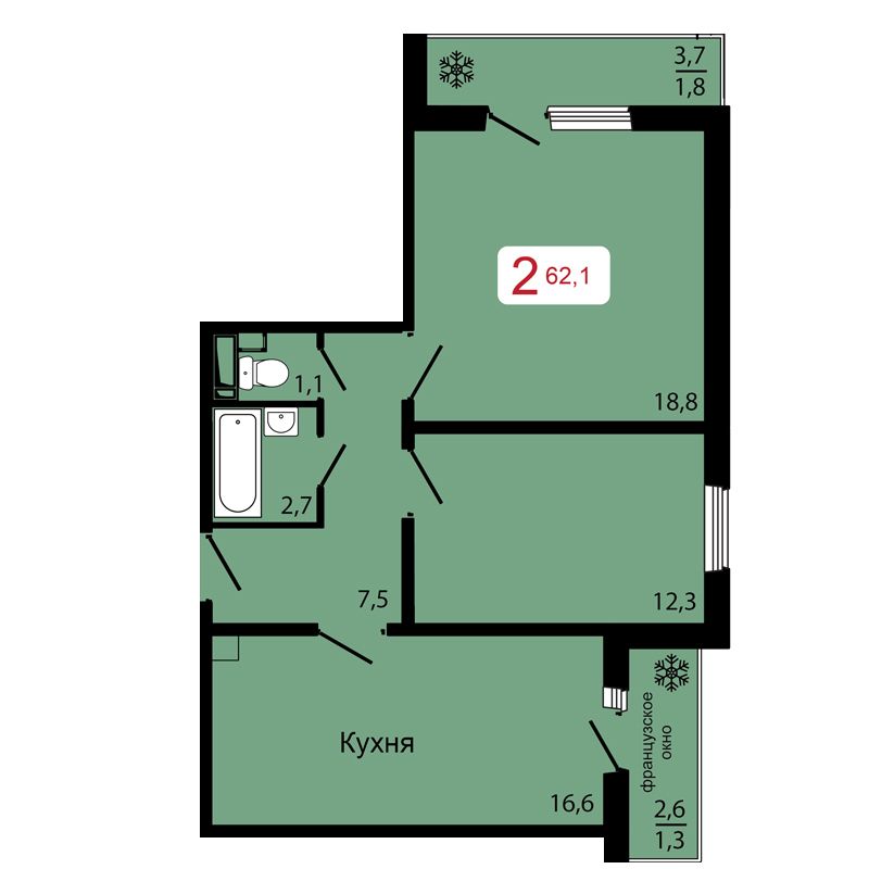 2-комнатная, 62,1 м²