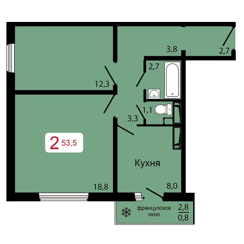 2-комнатная, 53,5 м²