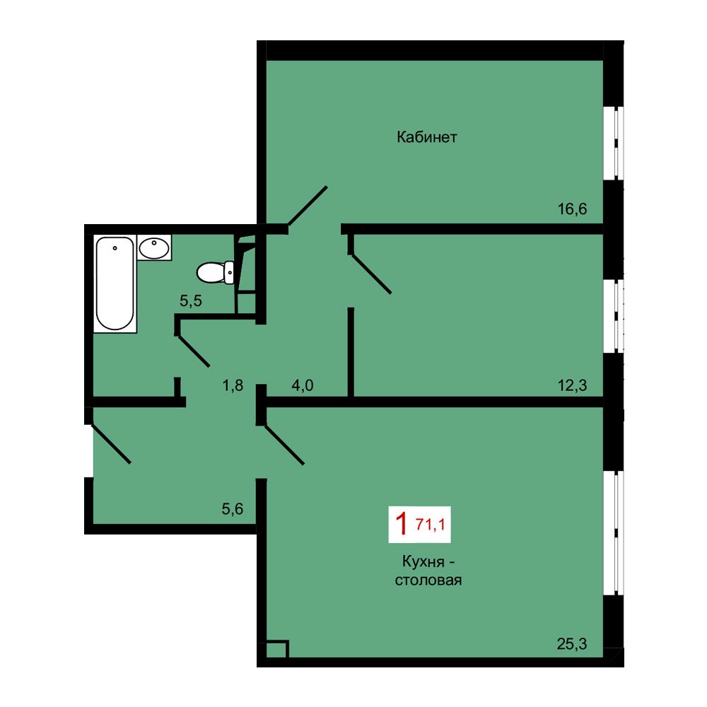 1-комнатная, 71,1 м²