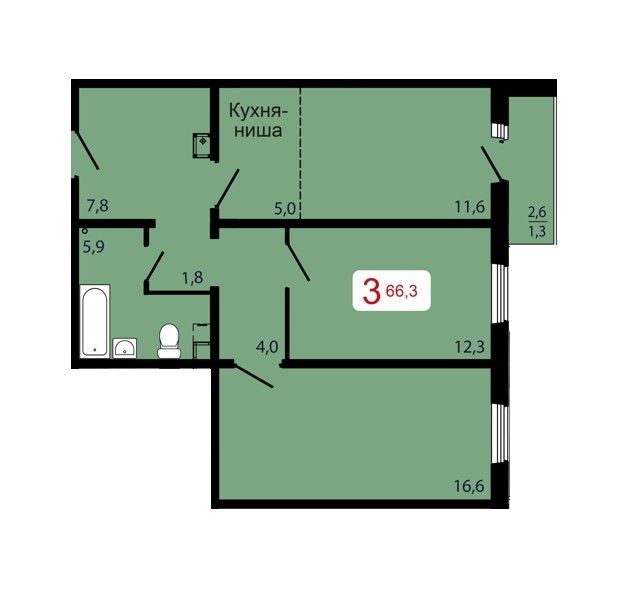 3-комнатная, 66,3 м²