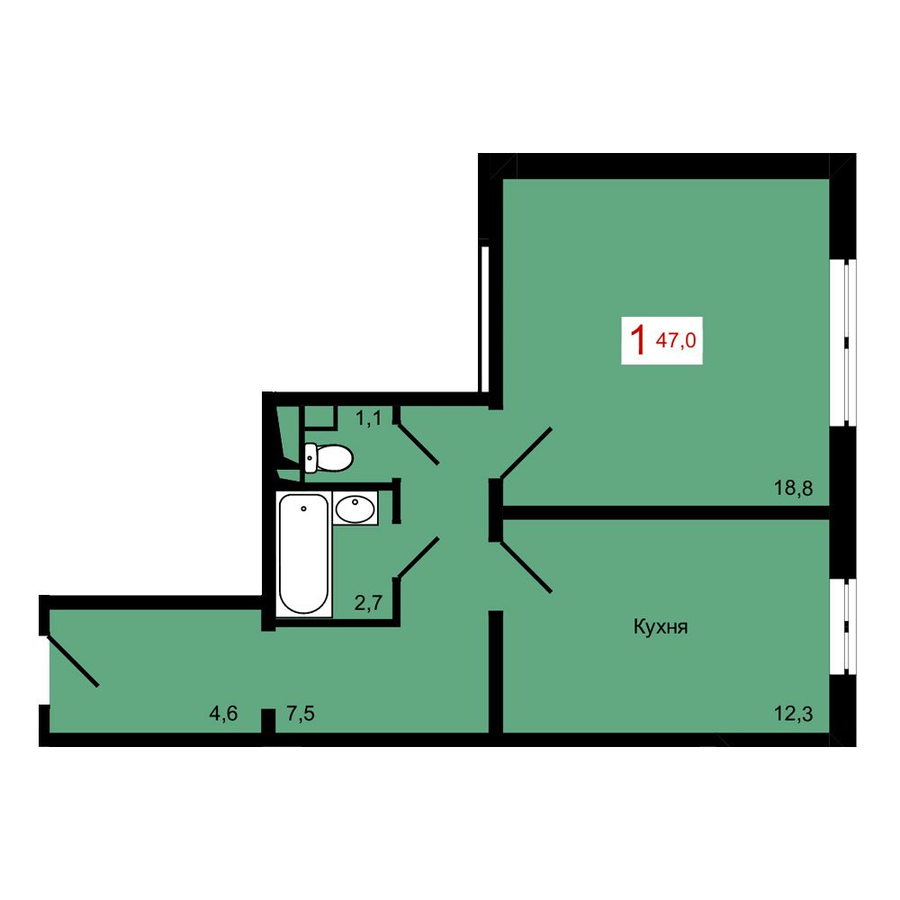 1-комнатная, 47 м²