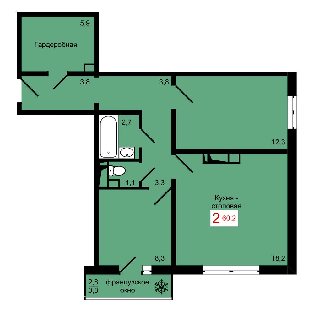 2-комнатная, 60,2 м²