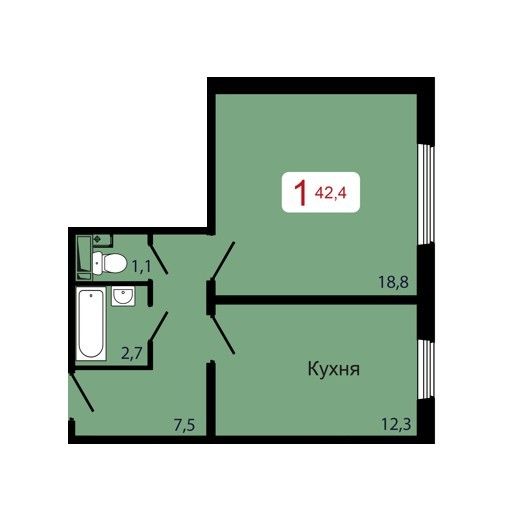 1-комнатная, 42,4 м²
